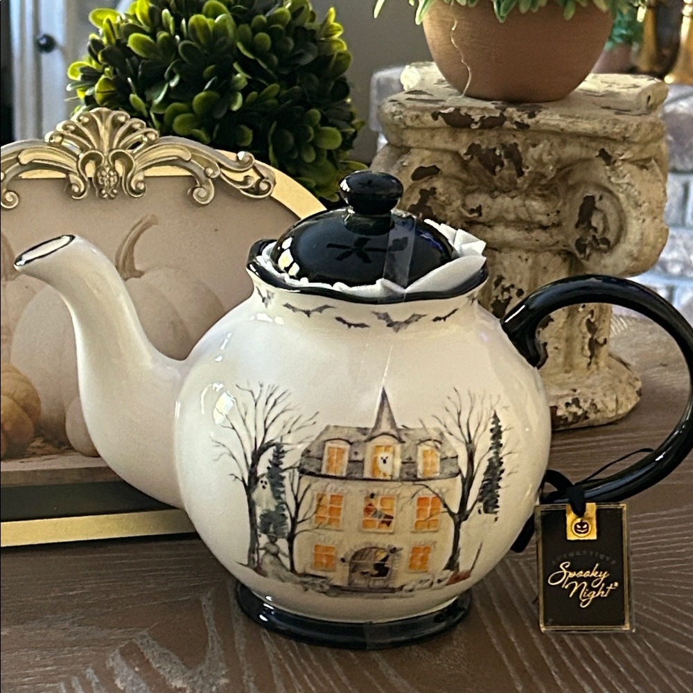NEW! Spooky Night Gothic Witch & Ghost Halloween Haunted House Ceramic Teapot